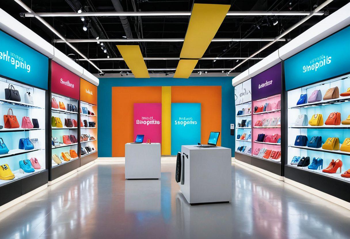 A vibrant digital marketplace bustling with diverse shoppers navigating various colorful digital listings on tall screens. Showcase an array of product showcases, including electronics, fashion, and home goods, with interactive elements highlighting features and prices. Include floating icons representing user reviews and ratings for each product. Capture the essence of a modern, tech-savvy shopping experience with bright, engaging colors and a dynamic atmosphere. super-realistic. vibrant colors. 3D.