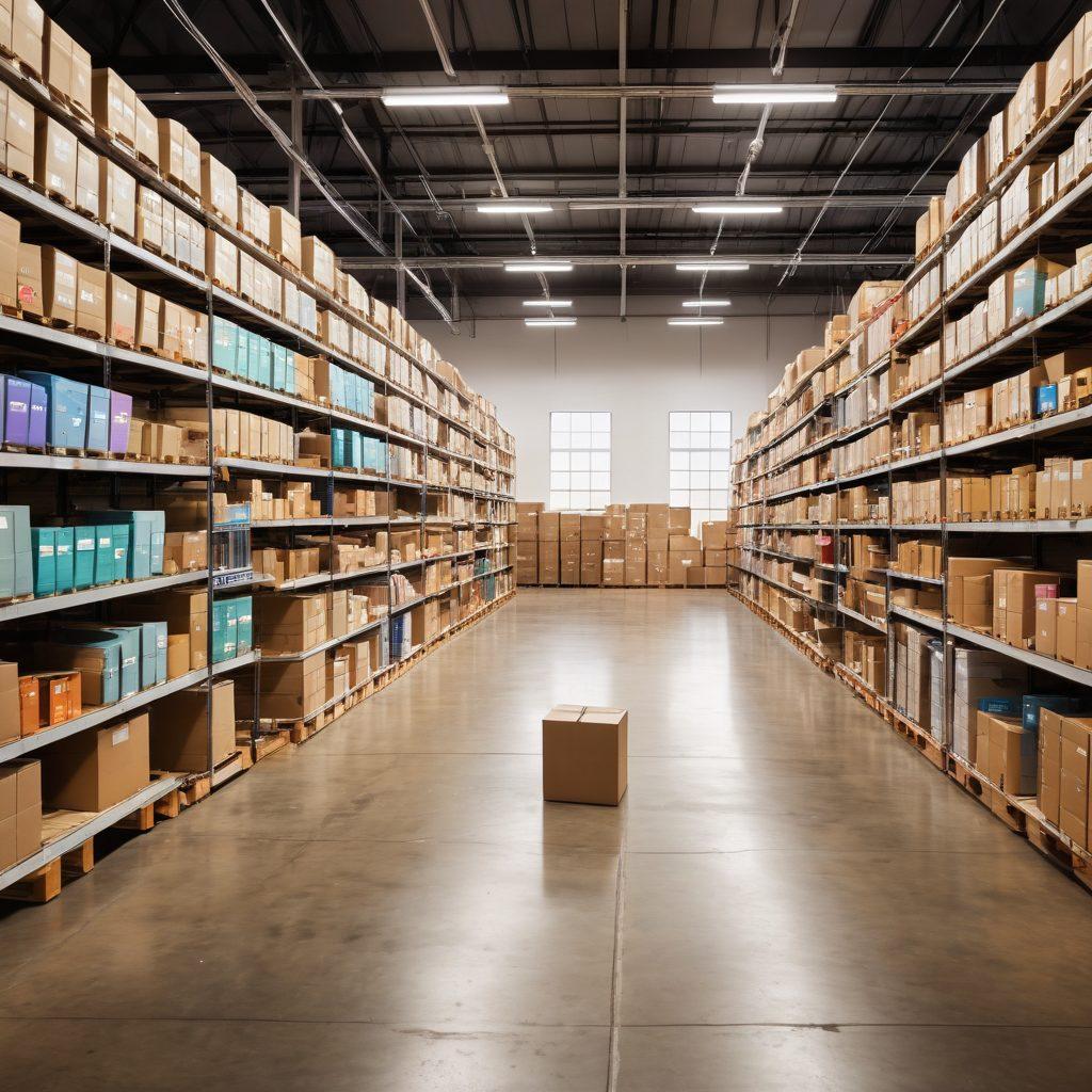 A collage showcasing an e-commerce catalog transformation: a bustling warehouse filled with colorful inventory on one side, transitioning to glowing review stars and customer ratings on the other. Include digital devices displaying products and reviews, symbolizing the journey from stock to customer feedback. A vibrant, eye-catching layout that emphasizes the flow and connection between inventory management and consumer satisfaction. super-realistic. vibrant colors. white background.