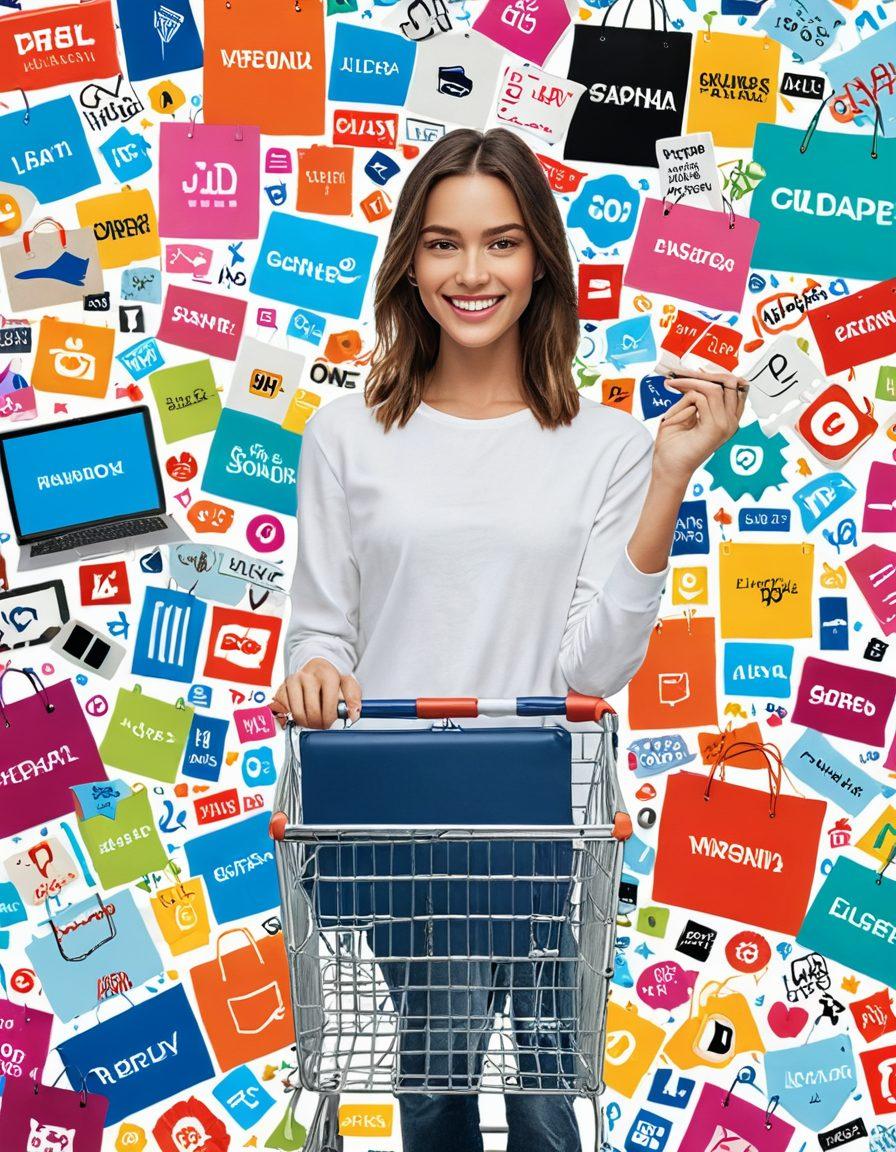 A visually captivating digital collage showcasing a diverse array of virtual shopping experiences, featuring colorful product catalogs and enticing listings. Include elements like a shopping cart overflowing with various products, a computer screen displaying an animated product catalog, and a happy shopper exploring online deals. Use a blend of modern technology and joyful shopping vibes. vibrant colors. super-realistic. 3D.